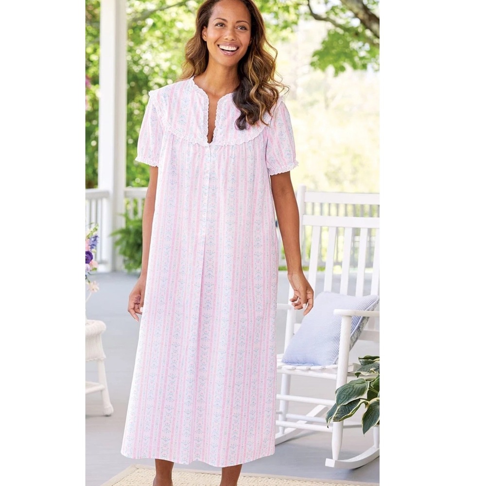 Lanz of Salzburg Blue Floral Stripe Cotton 1X Traditional Nightgown Cottagecore